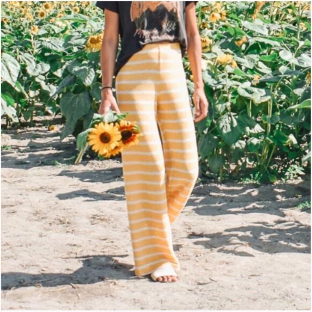 Zara Yellow & White Striped Knit Flare Pants Blogger Fav